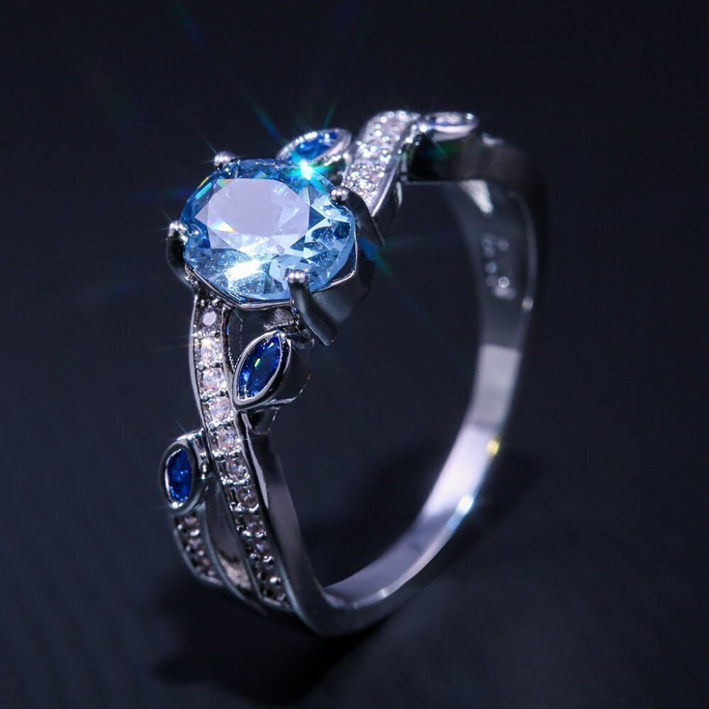 💎 Oval Royal Blue Gemstone Cross Vines Elegant Silver Ring for Women, VIP474